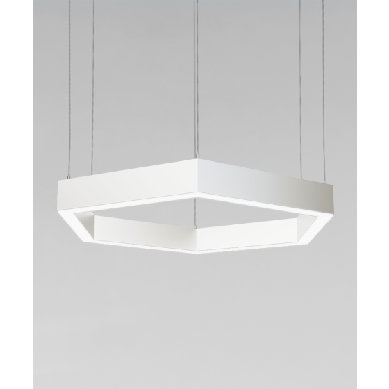 12175-P hexagon pendant light shown in a white finish and with a flush trimless lens with aircraft cable suspension