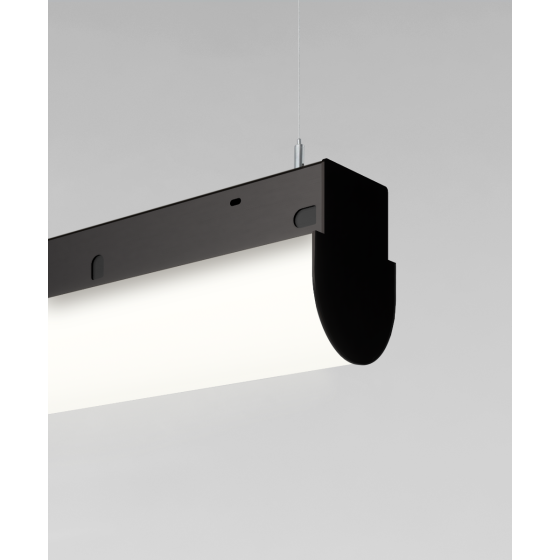 Alcon 12184-P, slim, round bottomed, suspended pendant light shown in satin black finish and with a side wrapping flushed lens.