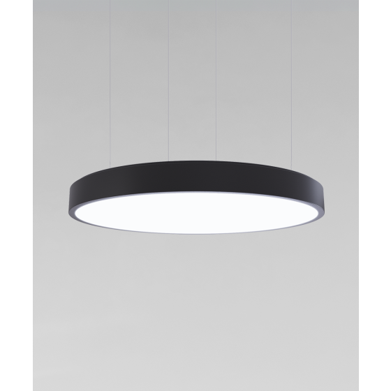 Alcon 12201, suspended commercial pendant light shown in black finish and with a flush trim-less lens.