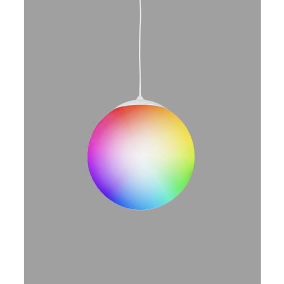 Product rendering of the 12213-RGBW glass globe pendant light, featuring an opal glass globe suspended by a white cable