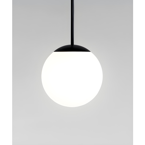 Alcon 12215, suspended commercial pendant light shown in black finish and with a acrylic globe lens.