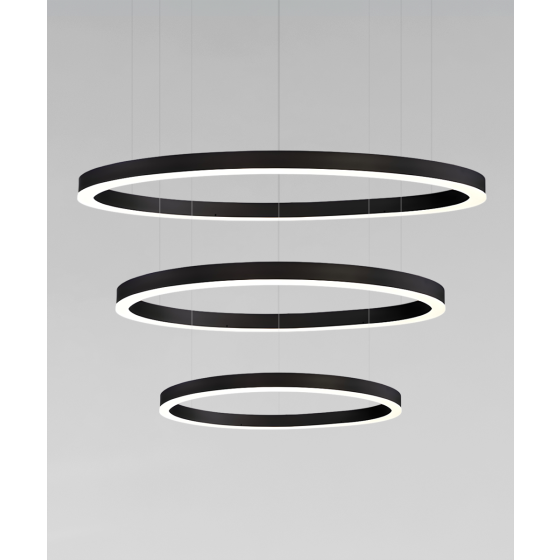 Alcon 12234-P, three-layers tiered suspended commercial pendant light shown in black finish and with a flush trim-less lens.