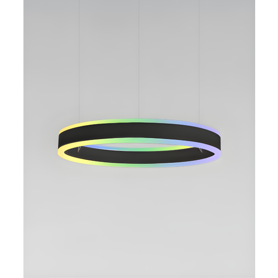 Alcon 12270-1-RGBW-P, suspended commercial pendant light in black finish with direct and indirect lighting.