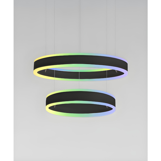 Alcon 12270-2-RGBW-P, suspended commercial 2 tiered ring pendant light shown in black finish.