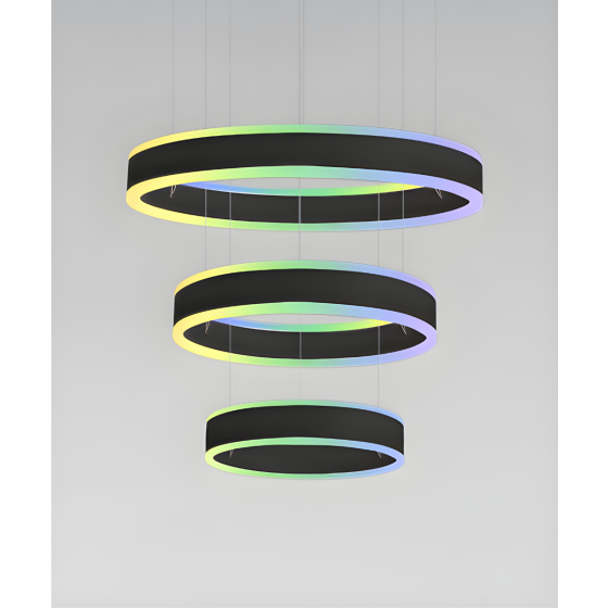 Alcon 12270-3-RGBW-P, suspended commercial 3 tiered ring pendant light shown in black finish.