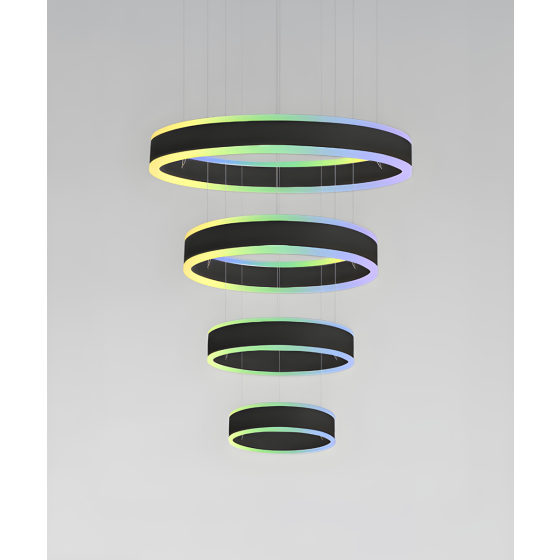 Alcon 12270-4-RGBW-P, suspended commercial 4 tiered ring pendant light shown in black finish.