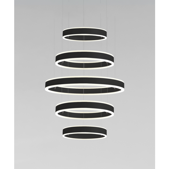Alcon 12270-5-P, suspended commercial 5 tiered ring pendant light shown in black finish.
