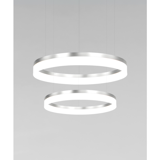 Alcon 12272-2-P, two-layered tiered suspended commercial ring pendant light shown in silver finish and with a flush trim-less lens.