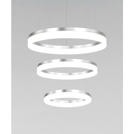 Alcon 12272-3-P, three-layered tiered suspended commercial ring pendant light shown in silver finish and with a flush trim-less lens.