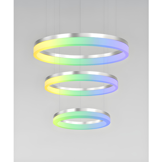 Alcon 12272-3-RGBW-P, suspended commercial 3 tiered ring pendant light shown in silver finish.