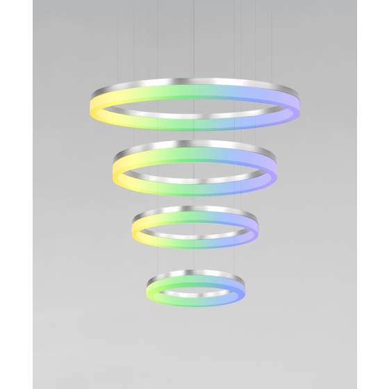 Alcon 12272-4-RGBW-P, suspended commercial 4 tiered ring pendant light shown in silver finish.