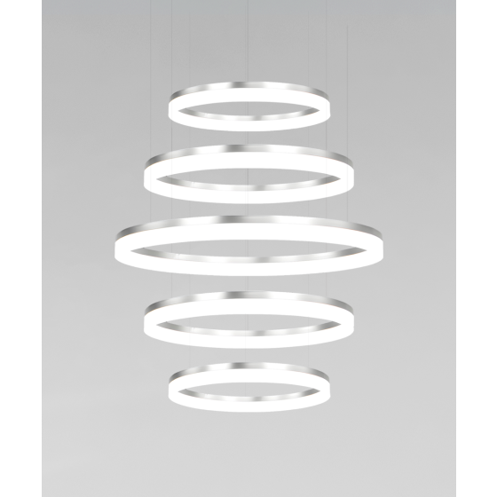 Alcon 12272-5-P, suspended commercial 5 tiered ring pendant light shown in silver finish.