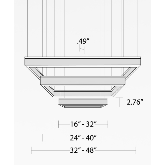 Alcon 12274-3-P, three-layered tiered suspended commercial rectangular pendant light shown in black finish and with a flush trim-less lens.