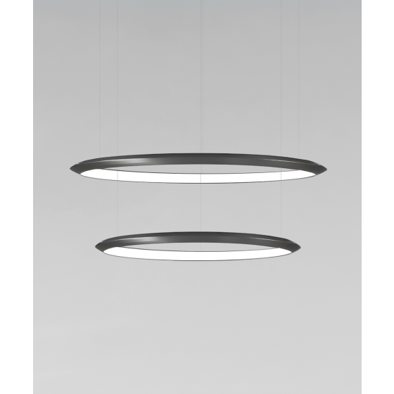 Alcon 12279-2-P, suspended commercial 2 tiered ring pendant light shown in black finish.