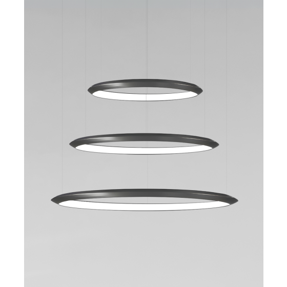 Alcon 12279-3-P, suspended commercial 3 tiered ring pendant light shown in black finish.