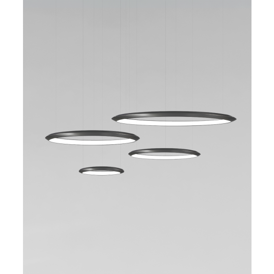 Alcon 12279-4-P, suspended commercial 4 tiered ring pendant light shown in black finish.