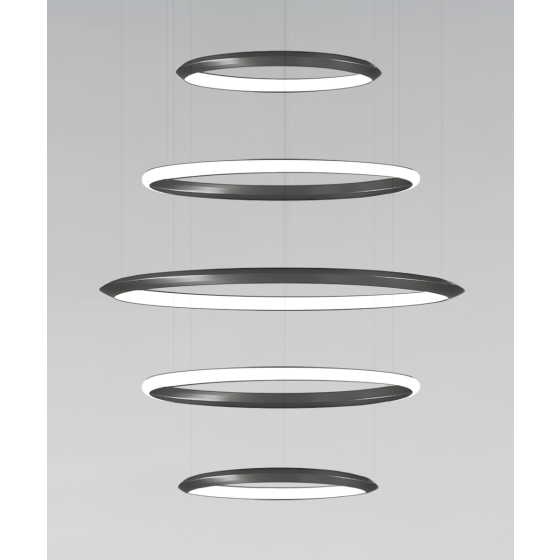 Alcon 12279-5-P, suspended commercial 5 tiered ring pendant light shown in black finish.
