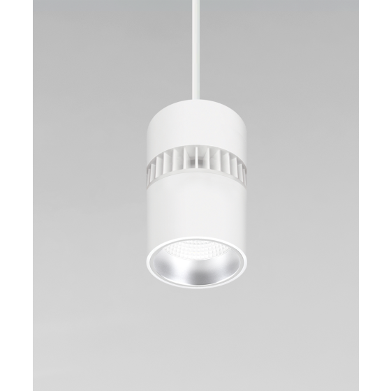 Alcon 12301-4-P, suspended commercial cylindrical pendant light shown with white fins and white housing finish.