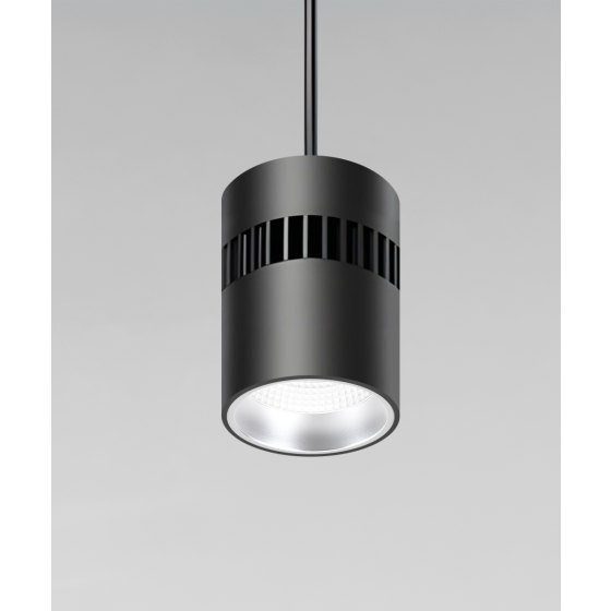 Alcon 12301-6-P, suspended commercial cylindrical pendant light shown with black fins and black housing finish.
