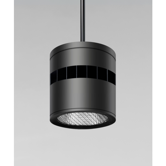 Alcon 12301-8-P, suspended commercial cylindrical pendant light shown with black fins and black housing finish.