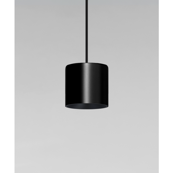 Alcon 12302-P, suspended commercial beveled-lens cylindrical pendant light shown in black finish.