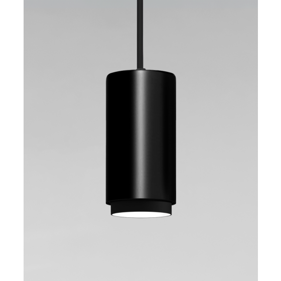 Alcon 12302-P-TGS, suspended commercial anti-glare shade cylindrical pendant light shown in black finish.