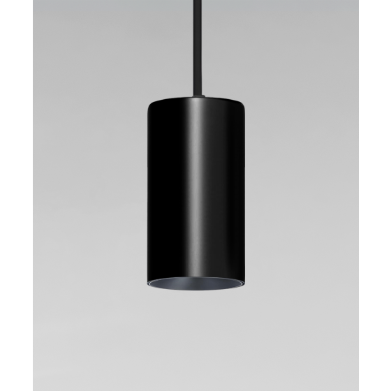 Alcon 12303-P, suspended commercial beveled-lens cylindrical pendant light shown in black finish.