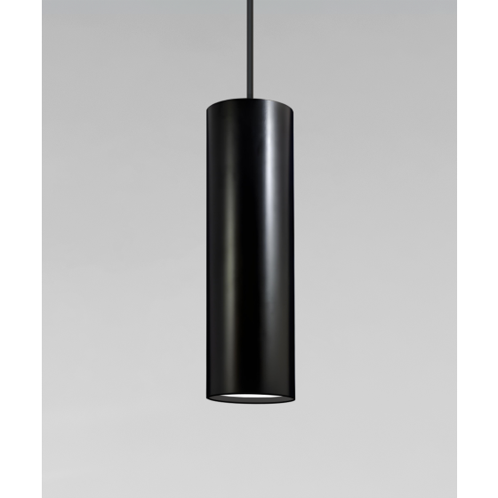 Alcon 12315-P, suspended commercial elongated cylindrical pendant light shown in black finish with an internal lens.