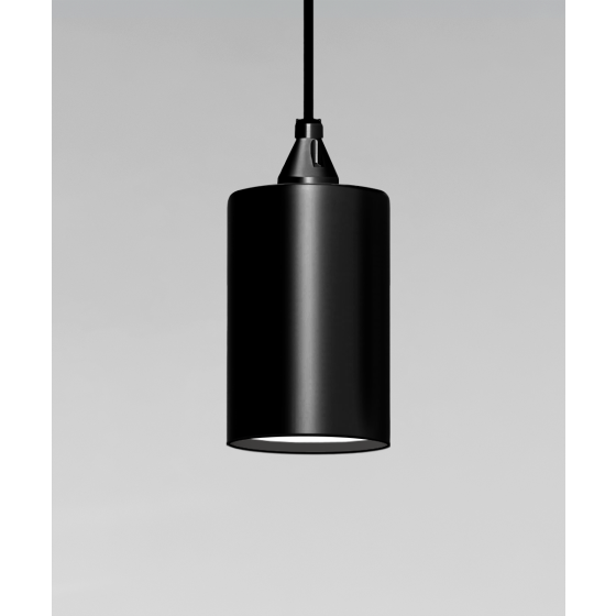 The 12400 series cylinder pendant light by Alcon Lighting shown with a stem mounting and sloped ceiling mounting option in black, white and silver finish
