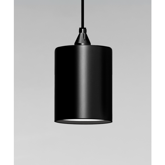 The 12400 series cylinder pendant light by Alcon Lighting shown with a stem mounting and sloped ceiling mounting option in black, white and silver finish