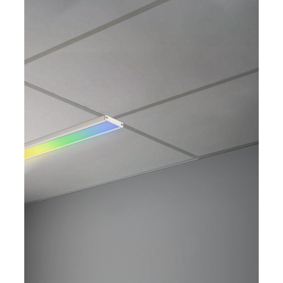 Alcon 14027-S, T-bar attaching surface linear ceiling light shown in white, with a flush lens and color changing capabilities.