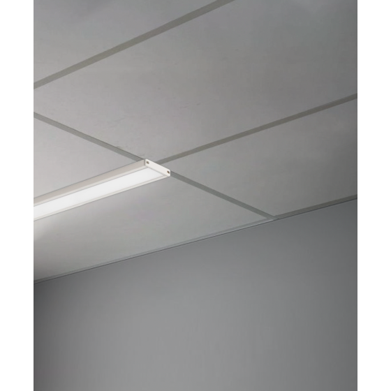 Alcon 14027-S, T-bar attaching surface linear ceiling light shown in white and with a flush lens.