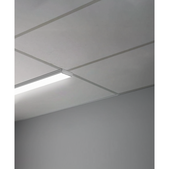 Alcon 14030-20--S, T-bar attaching surface linear ceiling light shown in silver and with a flush lens.