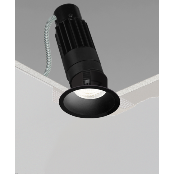 Alcon 14122-R Recessed round LED can light shown in black finish and with flanged edge.