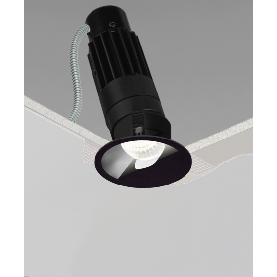 Alcon 14122-R-WW Wall washing recessed round LED can light shown in black finish and with flanged edge.