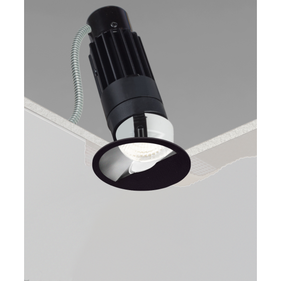 Alcon 14122-R-WW Wall washing recessed round LED can light shown in black finish and with flanged edge.