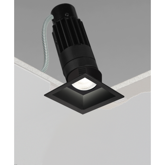 Alcon 14122-S Recessed square LED can light shown in black finish and with flanged edge.