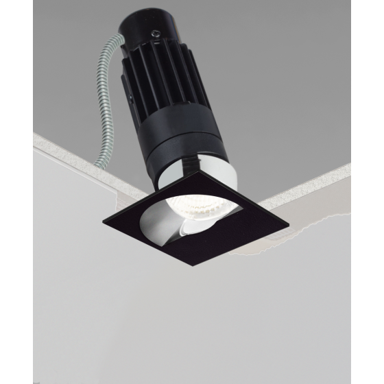 Alcon 14122-S-WW Wall washing recessed square LED can light shown in black finish and with flanged edge.