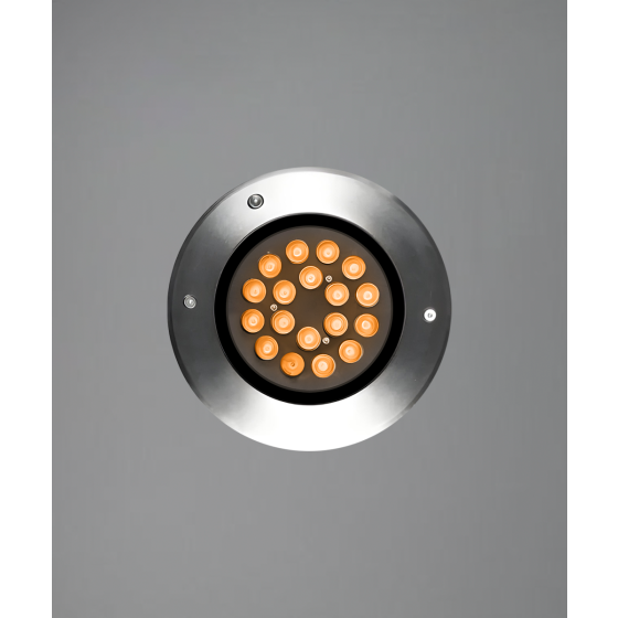 The 14127-8 in-ground well light by Alcon Lighting with a clear, 8-inch shatterproof lens shown with a stainless steel finish