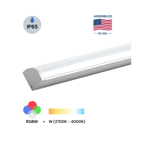 Alcon 12100-10-R-RGBW, recessed linear ceiling to wall light shown in silver finish and with a flush trim-less lens.