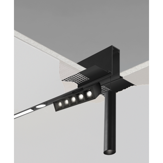 A product rendering of the 15100-R recessed modular track lighting system, shown with two linear downlights, a multi-cell adjustable, and cylinder pendant downlight