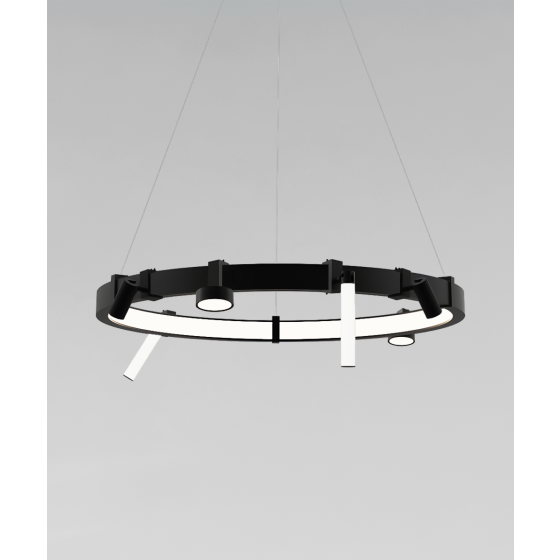 15115 modular pendant light shown in a black finish and with a flush trimless inner lens and downlight, spotlight and glowbar attachments