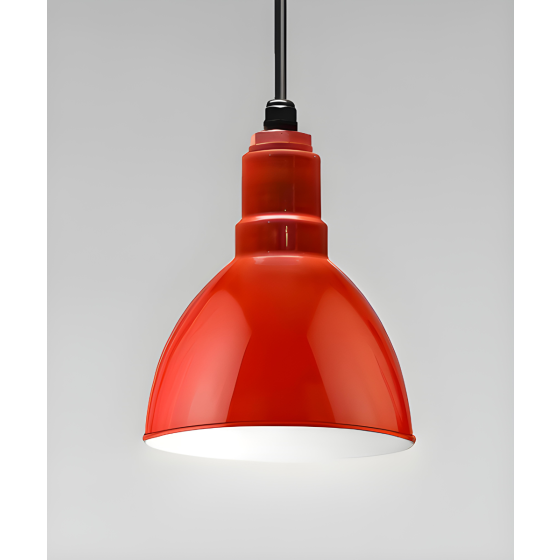 Product rendering of the 15201 industrial dome light pictured with a red exterior finish, white interior finish and black suspension cable