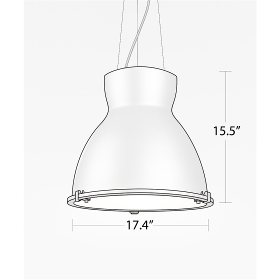 15203 industrial high bay pendant light shown in silver finish and with an hourglass shaped open-lens housing. 