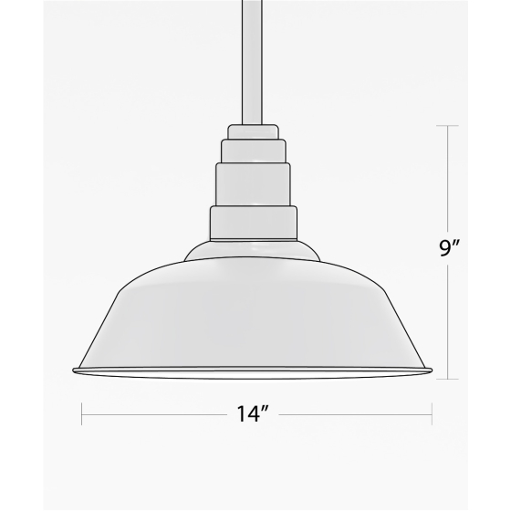 Alcon 15207, suspended commercial pendant light shown in black finish and with a tapered dome shaped open-lens housing.
