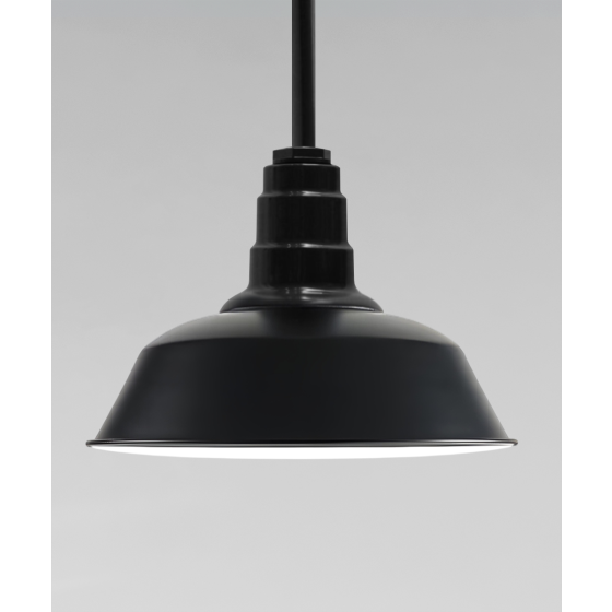 Alcon 15207, suspended commercial pendant light shown in black finish and with a tapered dome shaped open-lens housing.