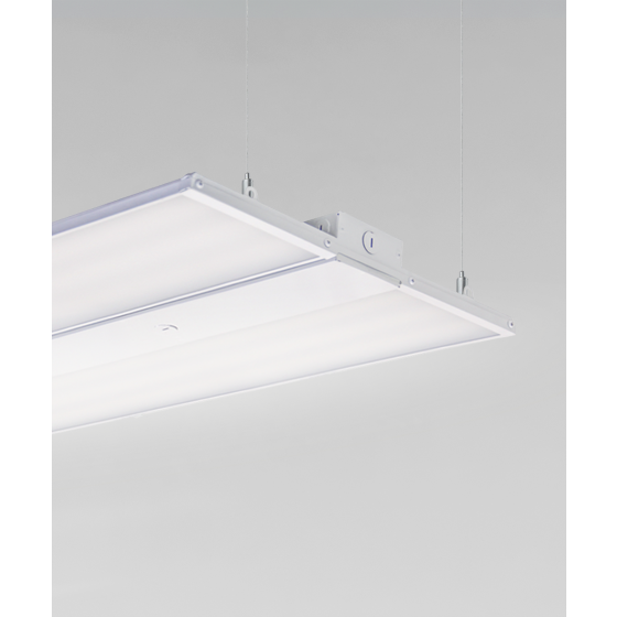 Alcon 15223, suspended commercial pendant light shown in silver finish and with a split flush trimmed lens.