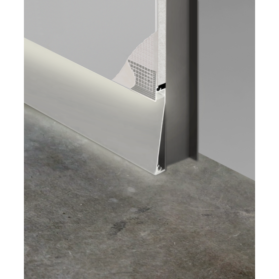 The 15244-A-RGBW recessed linear baseboard light shown in silver finish and with a flush trimless lens.