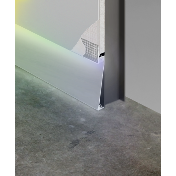 Alcon 15244-A-RGBW, recessed linear baseboard light shown in silver finish, with a flush trimless lens, and RGBW color-changing capabilities.