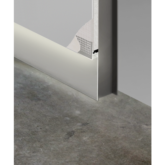 The 15244-S straight toe-kick LED baseboard light product rendering shown with a silver finish and trimless lens